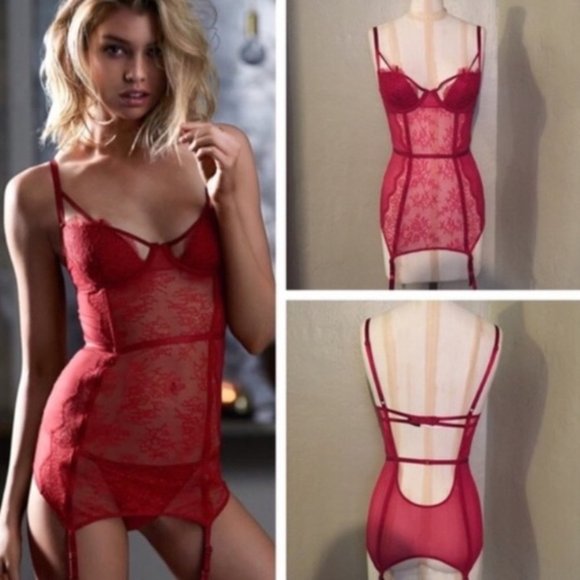 Victoria's Secret Red Corset Garter Slip Lace - Picture 10 of 11